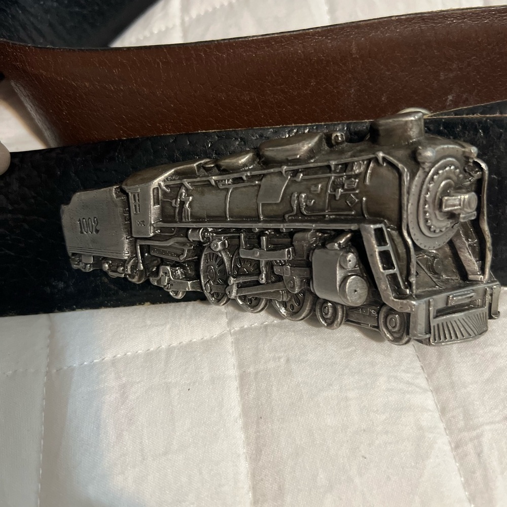 Bergamot Brass Works Pewter Locomotive Belt Buckle from 1978 and Belt